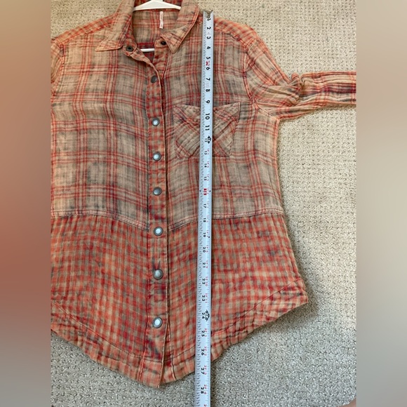 Free People Orange Gauze Plaid Button Down Top Size Small - Picture 7 of 7